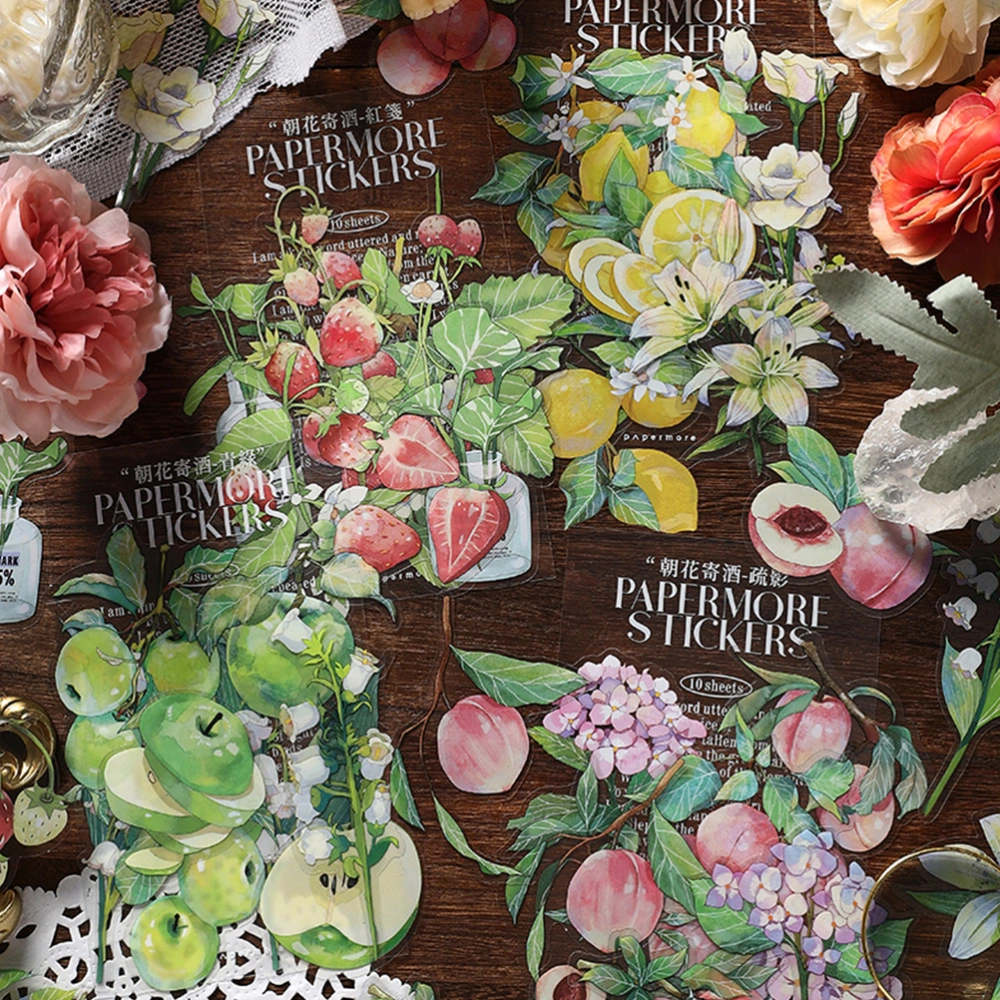 4 Sets PET Stickers Plant Fruit Floral Decals DIY Decorative Stickers Hand Account Decals