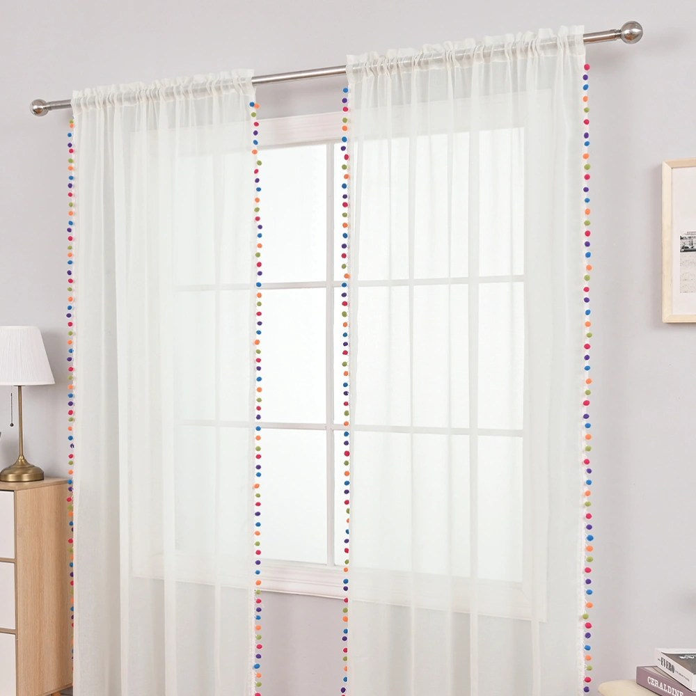 Window Curtain Kitchen Bedroom Window Curtain Polyester Window Curtain with Colorful Pompom Decor