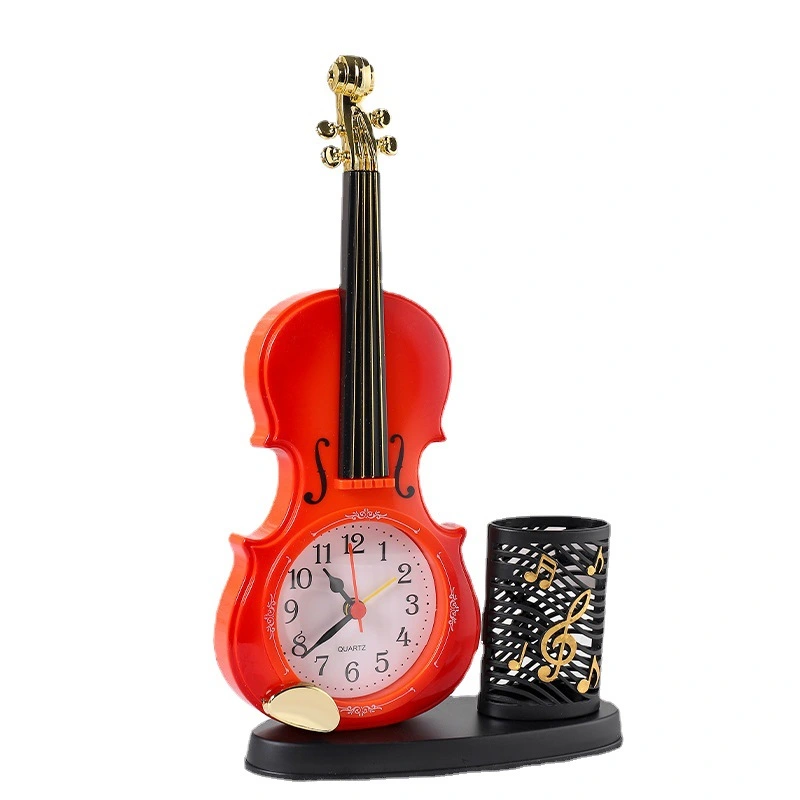 Violin Figurine Tabletop Violin Clock with Pen Holder Violin Model Ornament