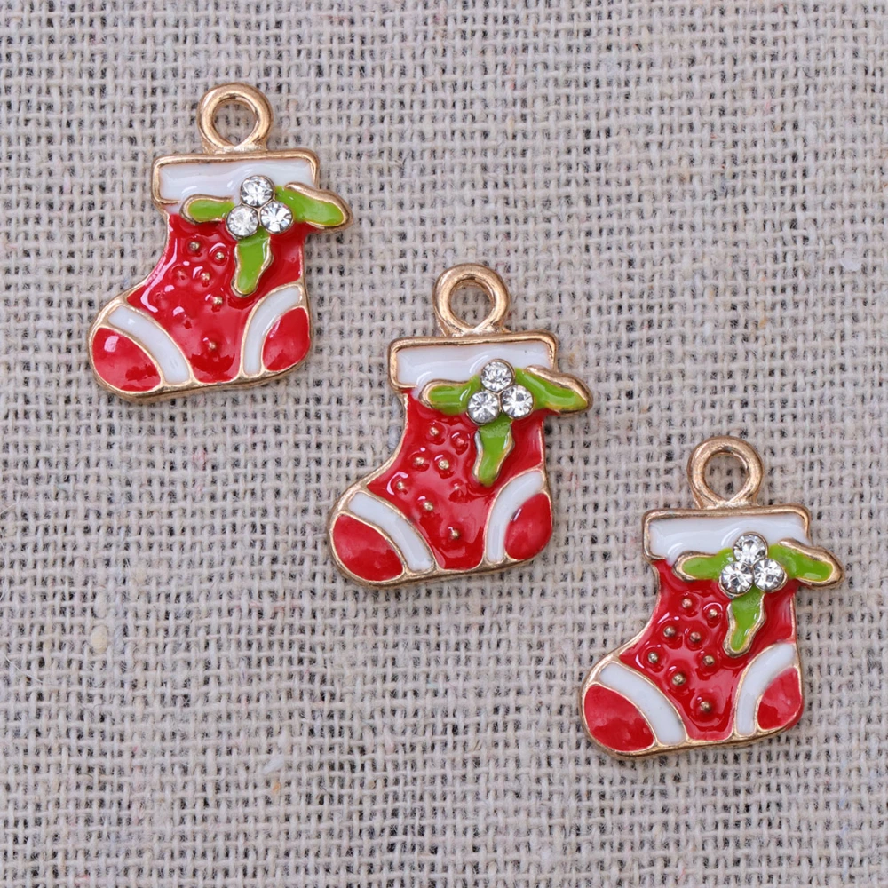 10pcs DIY Christmas Alloy Phone Pendant Decor Diamante Christmas Stocking Charms Jewelry Making Accessories for Necklace Bracelet