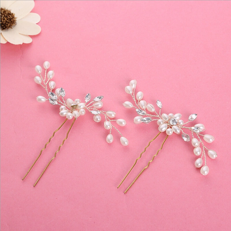 2pcs Bridal Rhinestones Hairpin Flower Beaded Hair Clip for Wedding Hair Jewelry Decoration