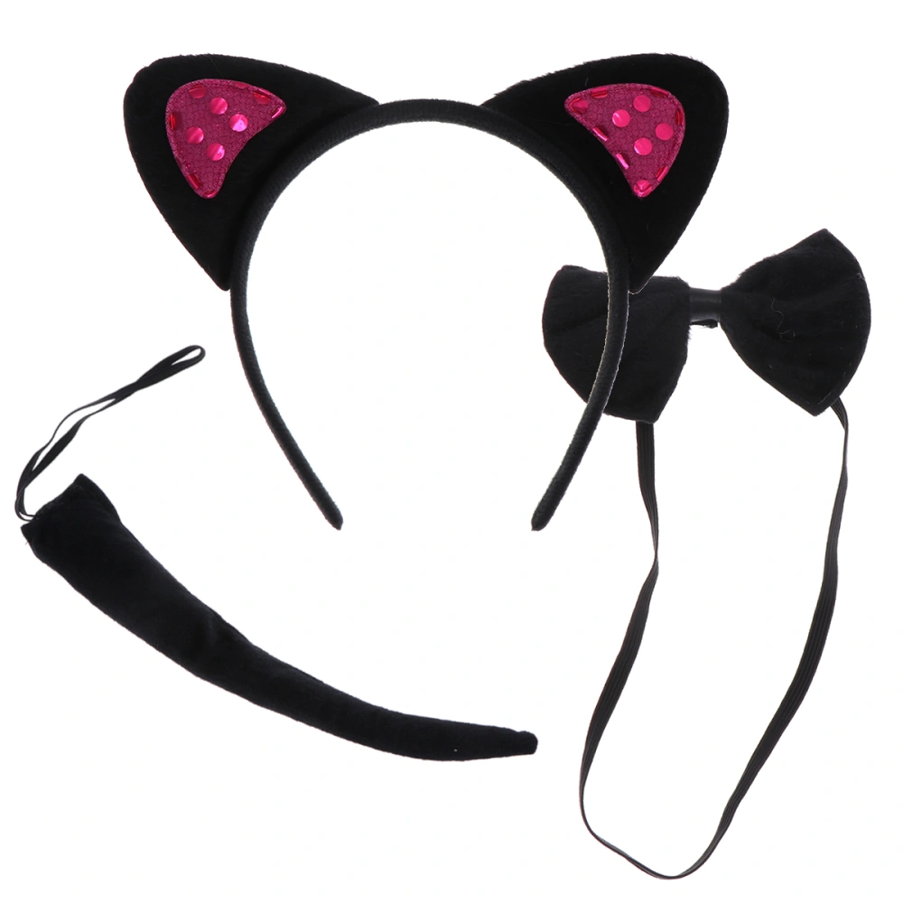 3pcs in 1 Set Black with Rosy Sequin Hairwear Funny Cat Ear Costume Accessary Party Supplies Sequin Animal Headband Tail Tie Performance Masquerade Party Supplies