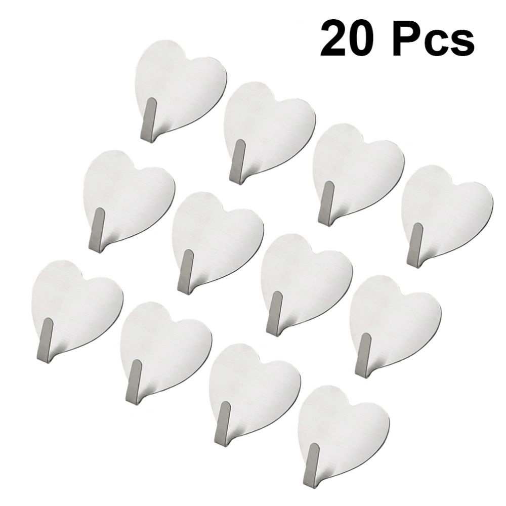 20PCS Stainless Steel Strong Heart Shape Adhesive Hangers Wall Mounted Hooks Coat Hook Traceless Hanger for Bathroom Kitchen Bedroom (Silver)