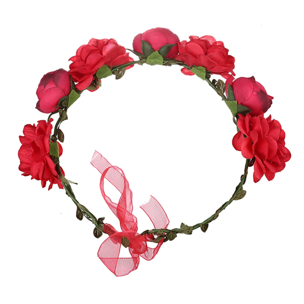 Bridal Rose Crown Handmade Floral Wreath Lifelike Simulaiton Headband for Wedding(Red)