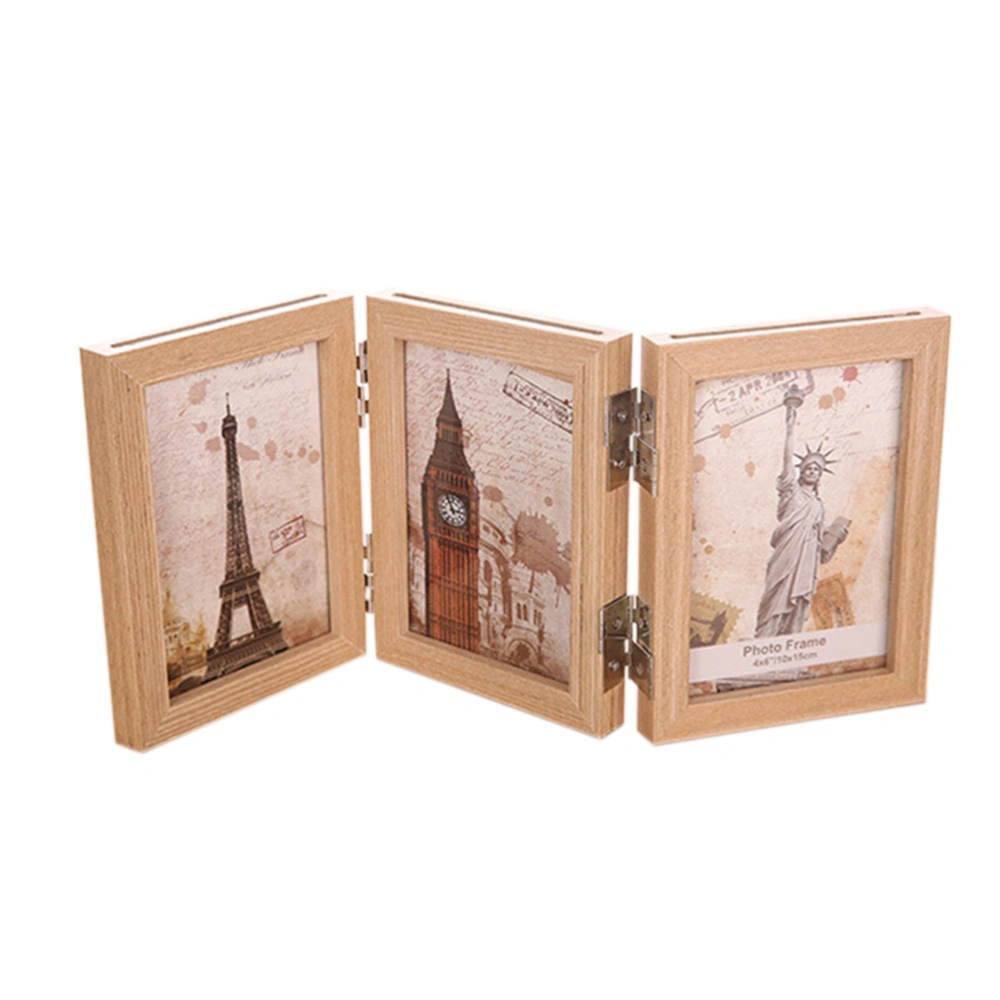 6 Inch Wooden Photo Frame European-style Tri-fold Home Decoration Craft Painting Personalized Picture Frame(Wood Color)