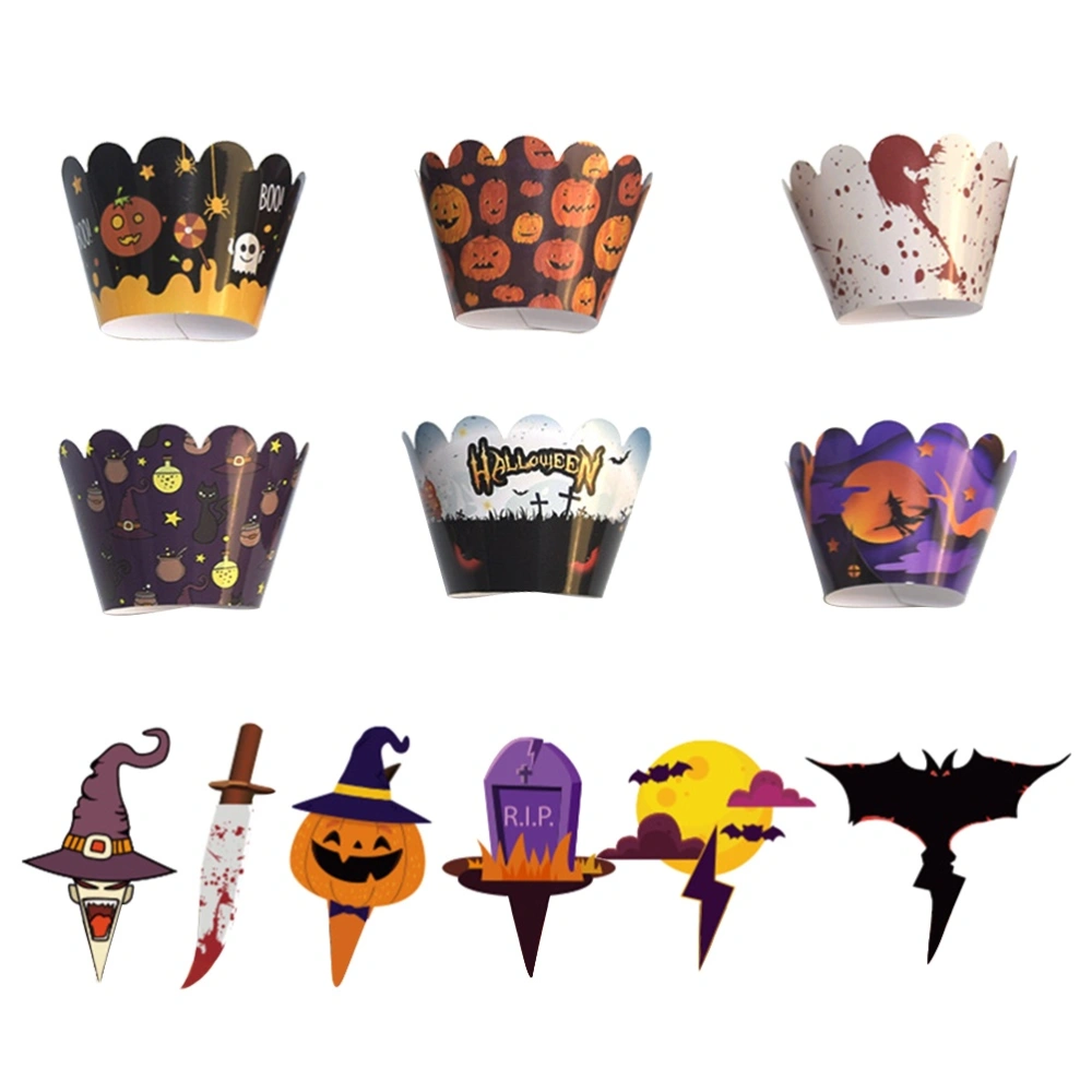 1 Set Paper Cake Wrappers Baking Decoration Wraps Insert Cards Dessert Table Decor for Halloween Party (Assorted Color 24Pcs Cupcake Wrapper 24Pcs Cake Topper)