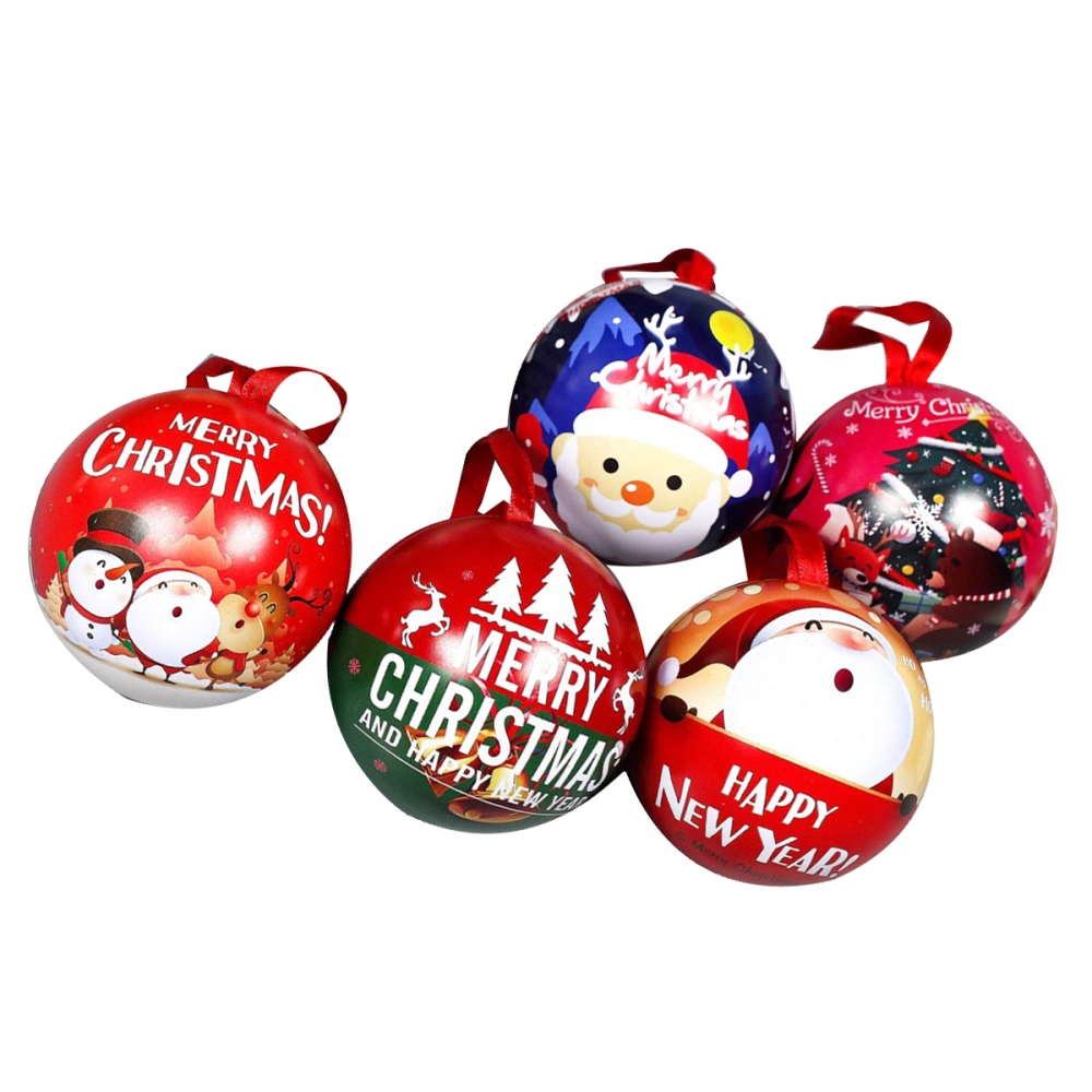 5pcs Christmas Round Iron Boxes Cartoon Ball Shaped Candy Cases Creative Hanging Gift Box for Home Shop Random Pattern