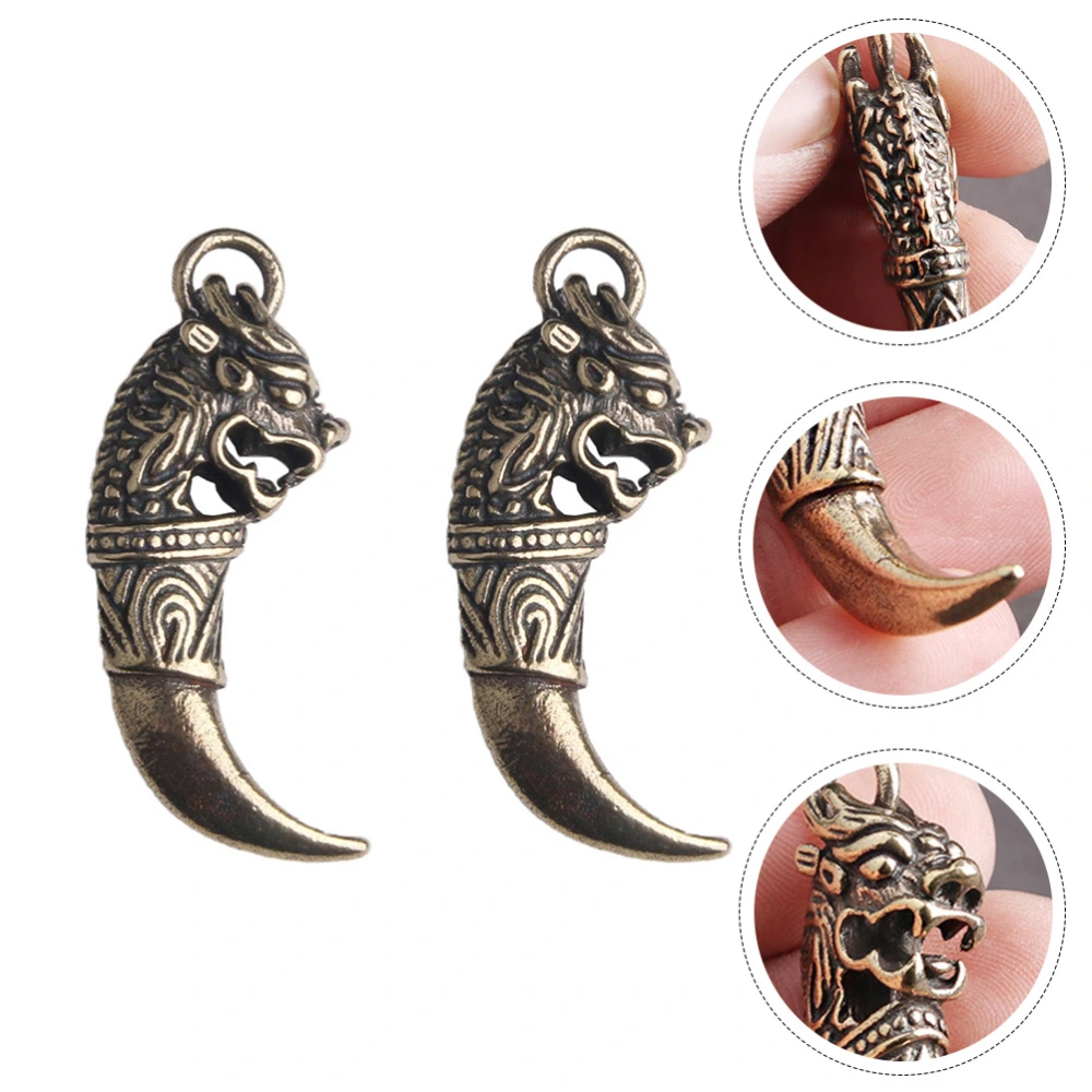 2PCS Brass Old Treatment Wolf Tooth Keychain Pendant Male Pendant Decor (Bronze)