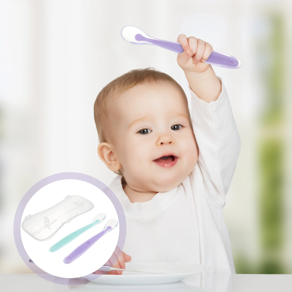 2pcs Silicone Baby Feeding Spoons with Container Case Baby Utensil (Purple and Green）