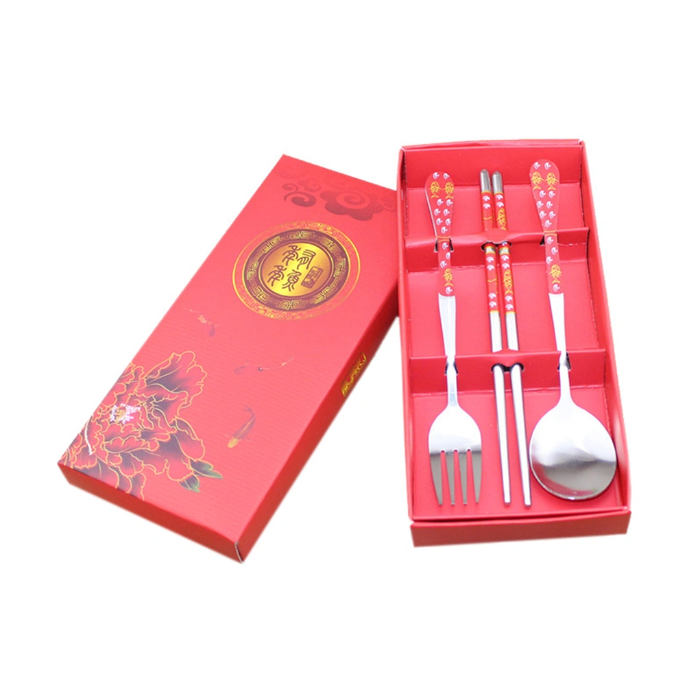 3PCS Stainless Steel Chopsticks Fork Cutlery Set Outdoor Portable Server Set of Chopstick Spoon Fork (Red Peony)
