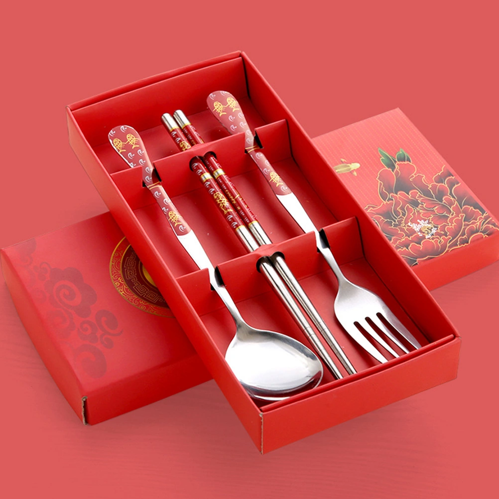 3PCS Stainless Steel Chopsticks Fork Cutlery Set Outdoor Portable Server Set of Chopstick Spoon Fork (Red Peony)