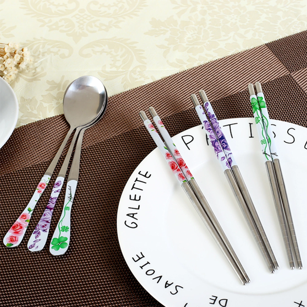 3PCS Stainless Steel Chopsticks Fork Cutlery Set Outdoor Portable Server Set of Chopstick Spoon Fork (Red Peony)