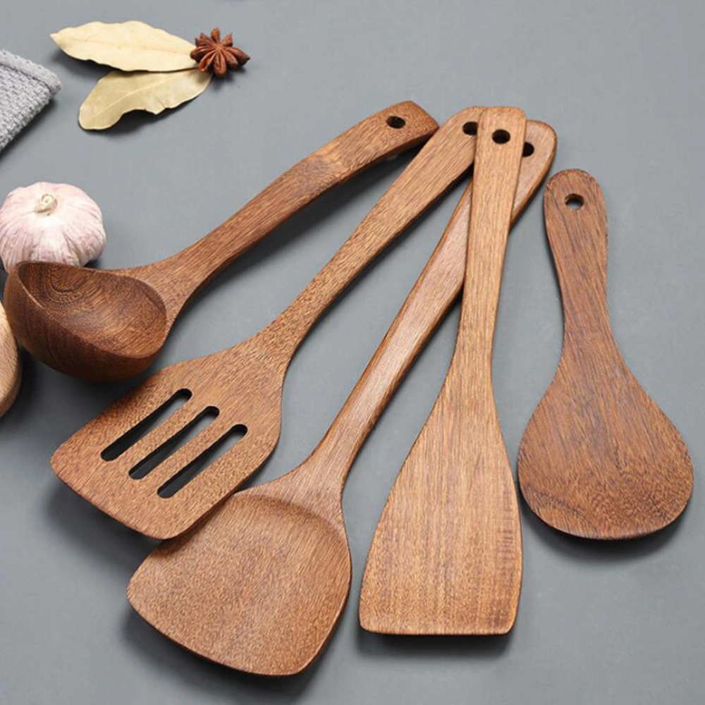 3Pcs Nonstick Pan Wooden Soup Spoon Retro Practical Cooking Shovel Spoon Food Serving Scoop Kitchen Utensil Wood Tableware for Home (Three-line Shovel + Shovel + Medium Curved Spoon)