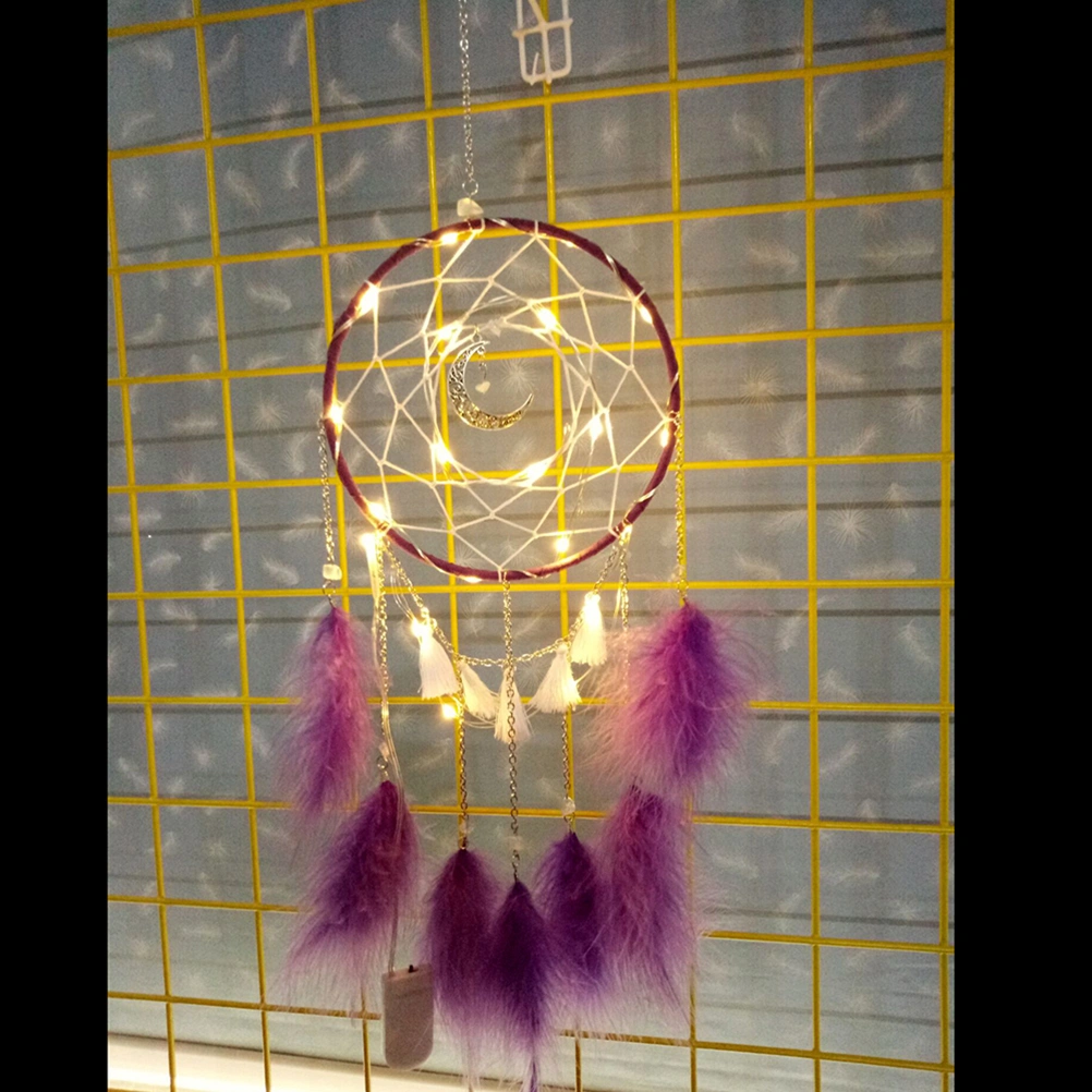 Moon Shape Dream Catcher Hollow Silver White Window Pendant Wall Hanging Dreamcatcher Christmas Ornament Birthday Gift with Light (Purple)