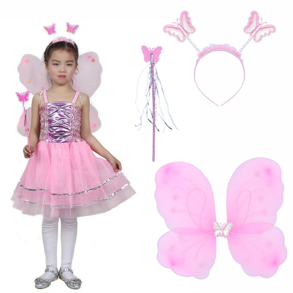 4 Pcs Kids Sling Dress Set Angel Wings Flower Fairy Skirt Toddlers Cosplay Performance Costume (Pink)