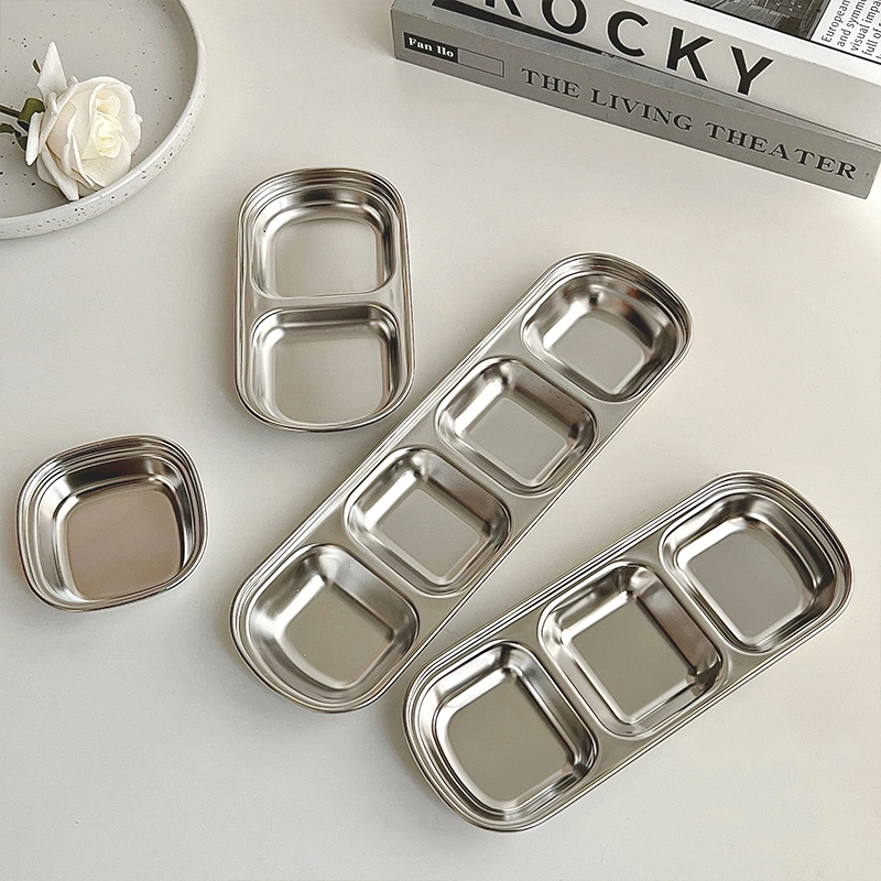 2pcs Stainless Steel Sauce Dish Tabletop Appetizer Serving Tray Reusable Dipping Bowl for Home Restaurant