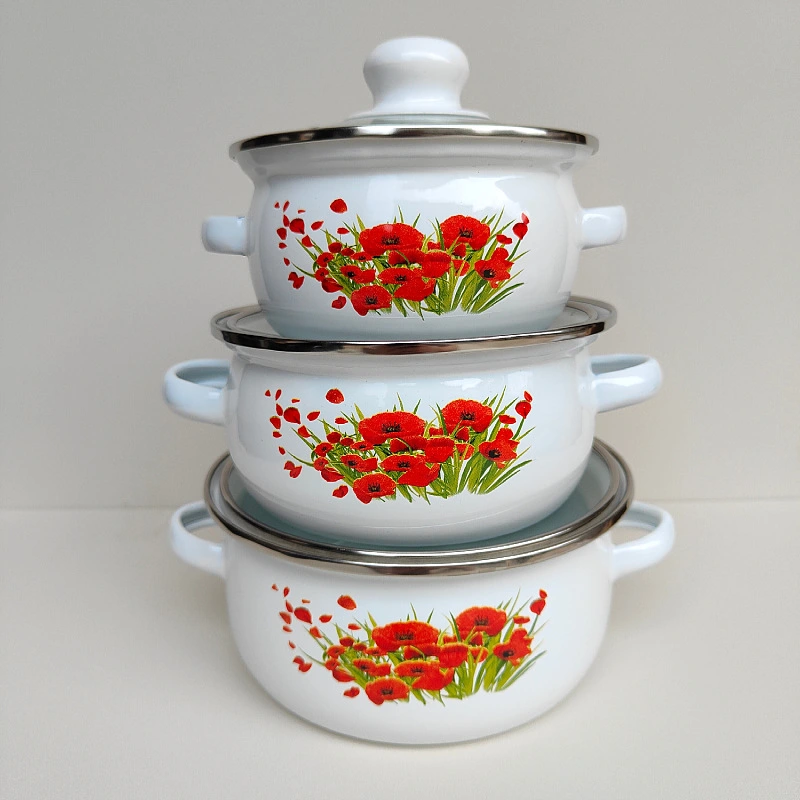 3Pcs Enamel Soup Pot Vintage Cooking Pot Patterned Enamel Stockpot Pot Stovetop Cooking Pot