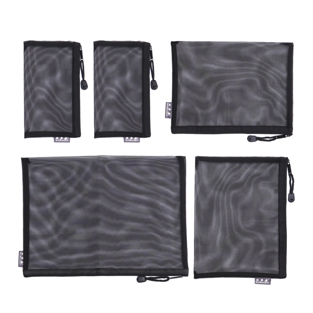 5pcs Black Transparent Office Stationery Bag Mesh Zippered File Bag Portable Pencil Pouch for Office School Supplies