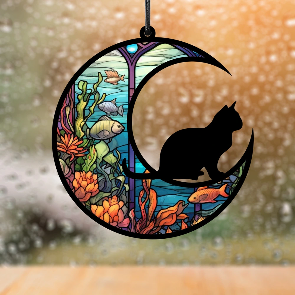 Stained Moon Cat Hanging Ornament Acrylic Cat Window Hanging Holiday Porch Pendant Decor