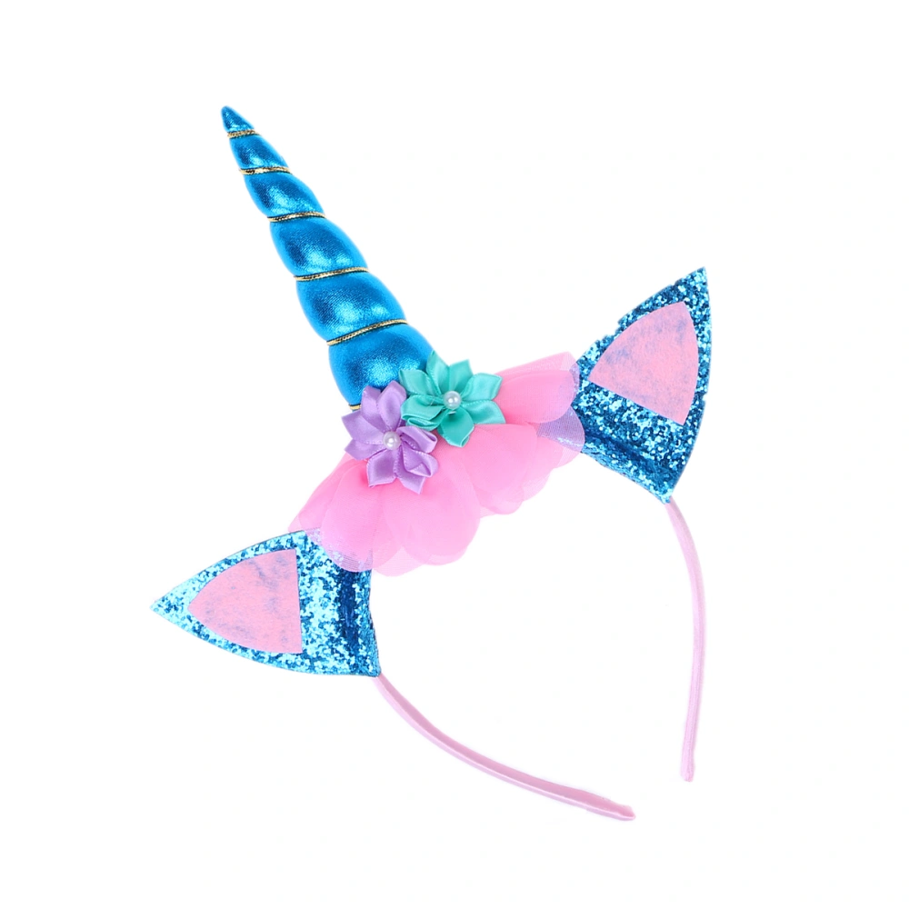 Children Unicorn Headband with Glitter Rabbit Ear Handmade Headpiece with Cloth Flower for Birthday Party Performance(Blue)