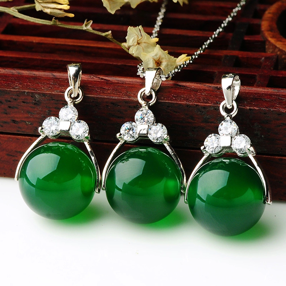 12mm Emerald Agate Bead Pendant Charms Chalcedony Gemstone Necklace Jewelry Bead Pendant for Woman Girl (Green, Random Pendant and Chain Style)