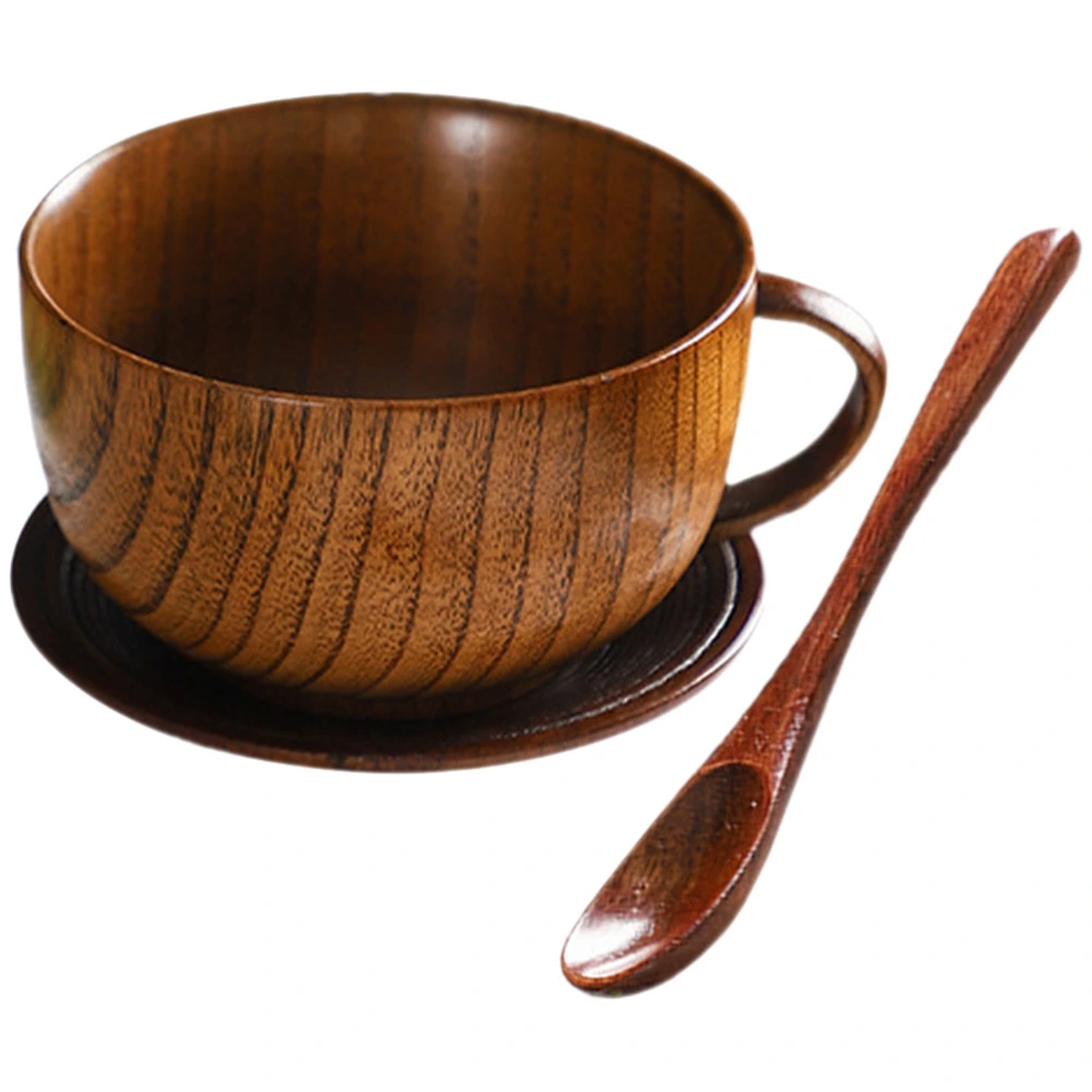 1 Set of Wooden Milk Cup Household Decorative Coffee Mug with Saucer Spoon (Random Style)