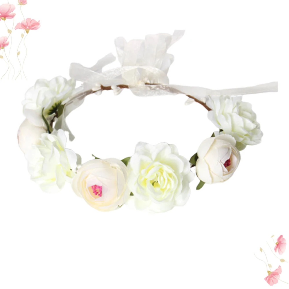 1PC Fashion Bohemian Photography Garland Cloth Floral Headband Wedding Hair Accessory for Bride Bridesmaid (White)