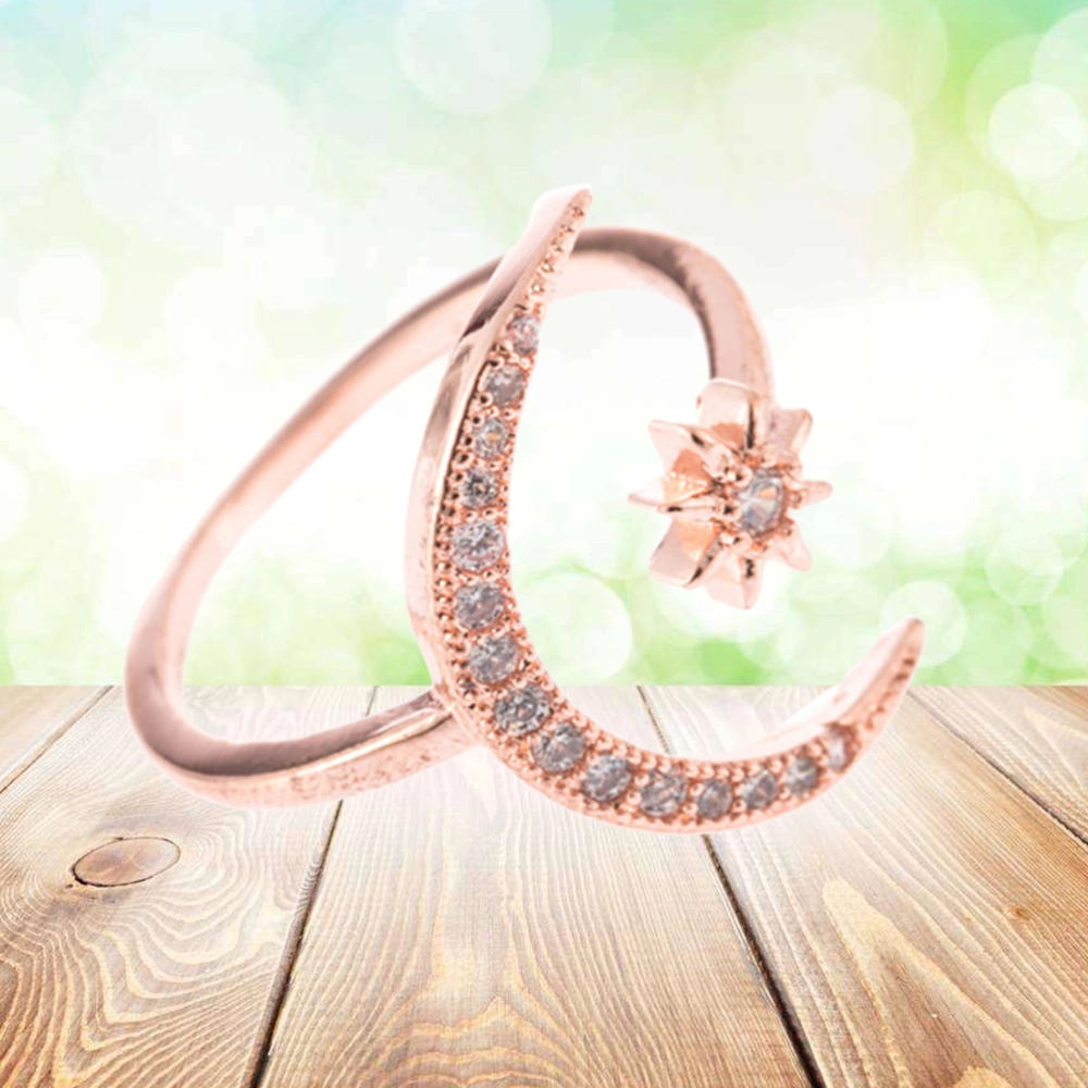 Fashion Rhinestones Inlaid Crescent Star Shape Opening Finger Ring Jewelry for Women Girls(Rose Gold)