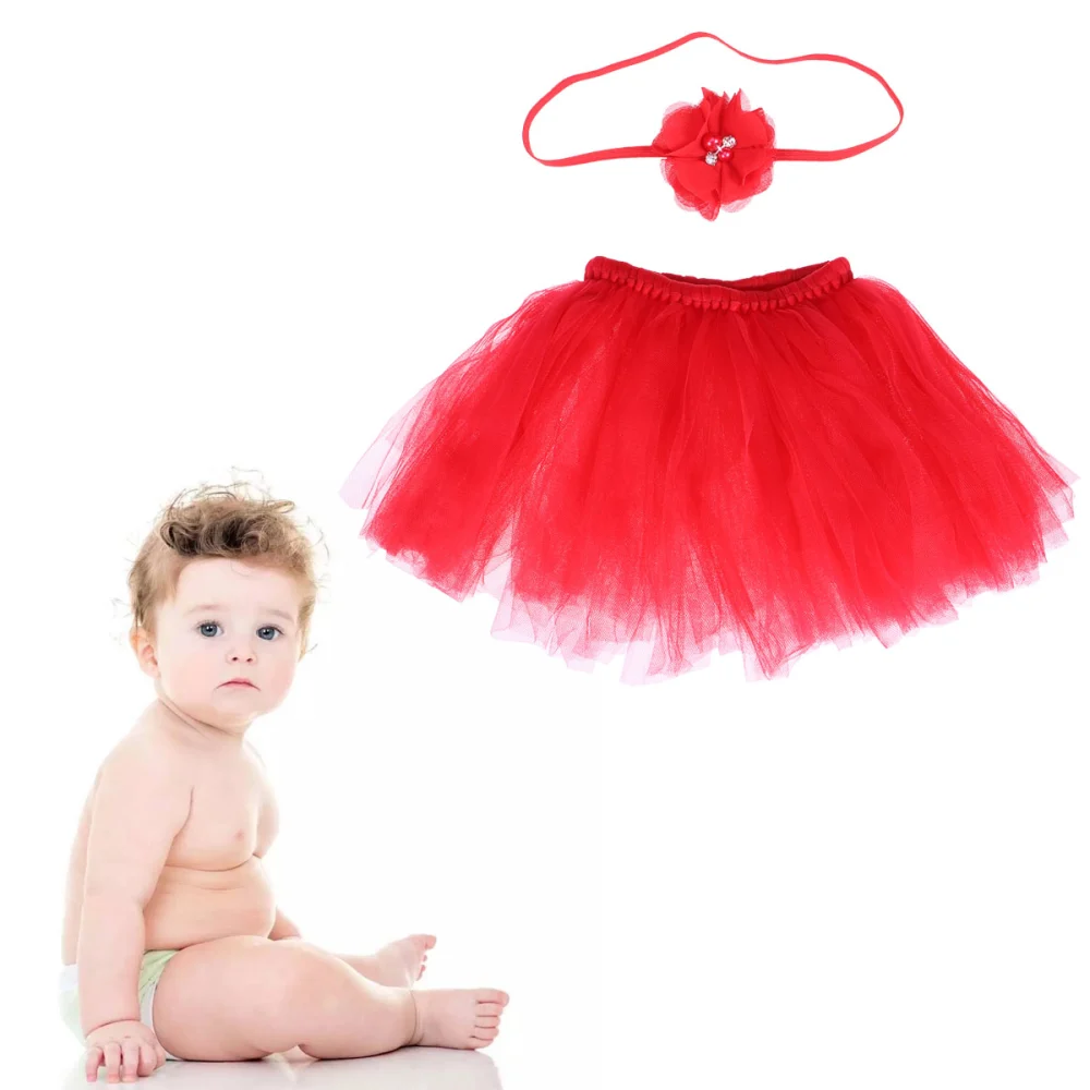 Baby's Colorful Tutu Skirt and Elastic Flower Headband Dance Performance Photography Tulle Dress(Red)