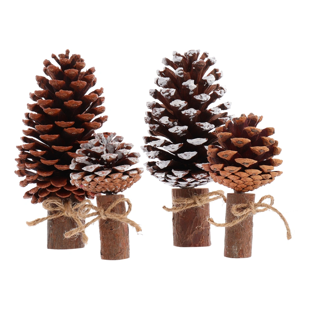 4Pcs Wood Christmas Pine Cone Tree Adornment Desktop Ornament (Random Style)