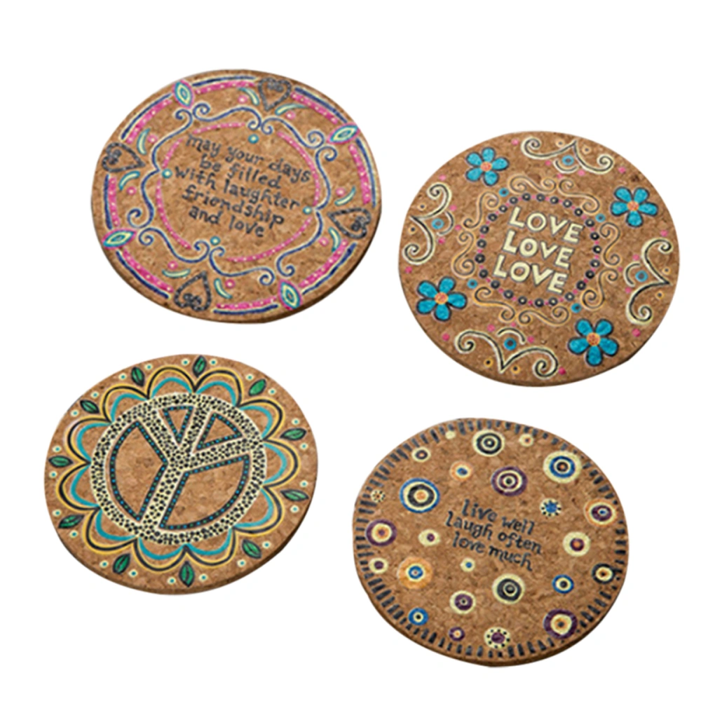 4 Pcs Round Natural Cork Coasters Heat Resistant Patterned Mats Tabletop Protection Drink Coasters(Mixed)