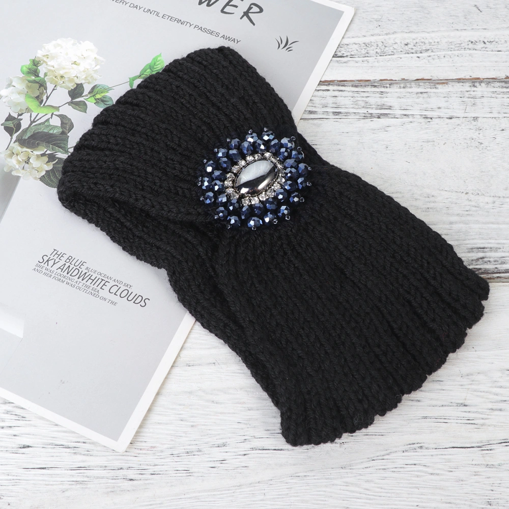 Knitted Hair Hoops Winter Warm Headband Bohemian Style Hair Band Ear Protector Rhinestone Headwrap Black