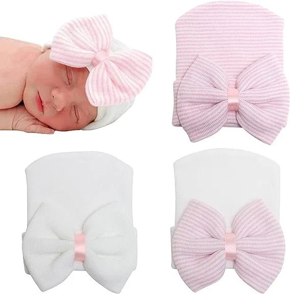 3pcs Elastic Newborn Hats Infant Baby Hat Caps with Big Bows Baby Beanie