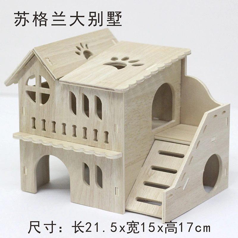 Wooden Hamster House Animal Hideout Castle Double Deck Villa with Climbing Ladder for Hamster