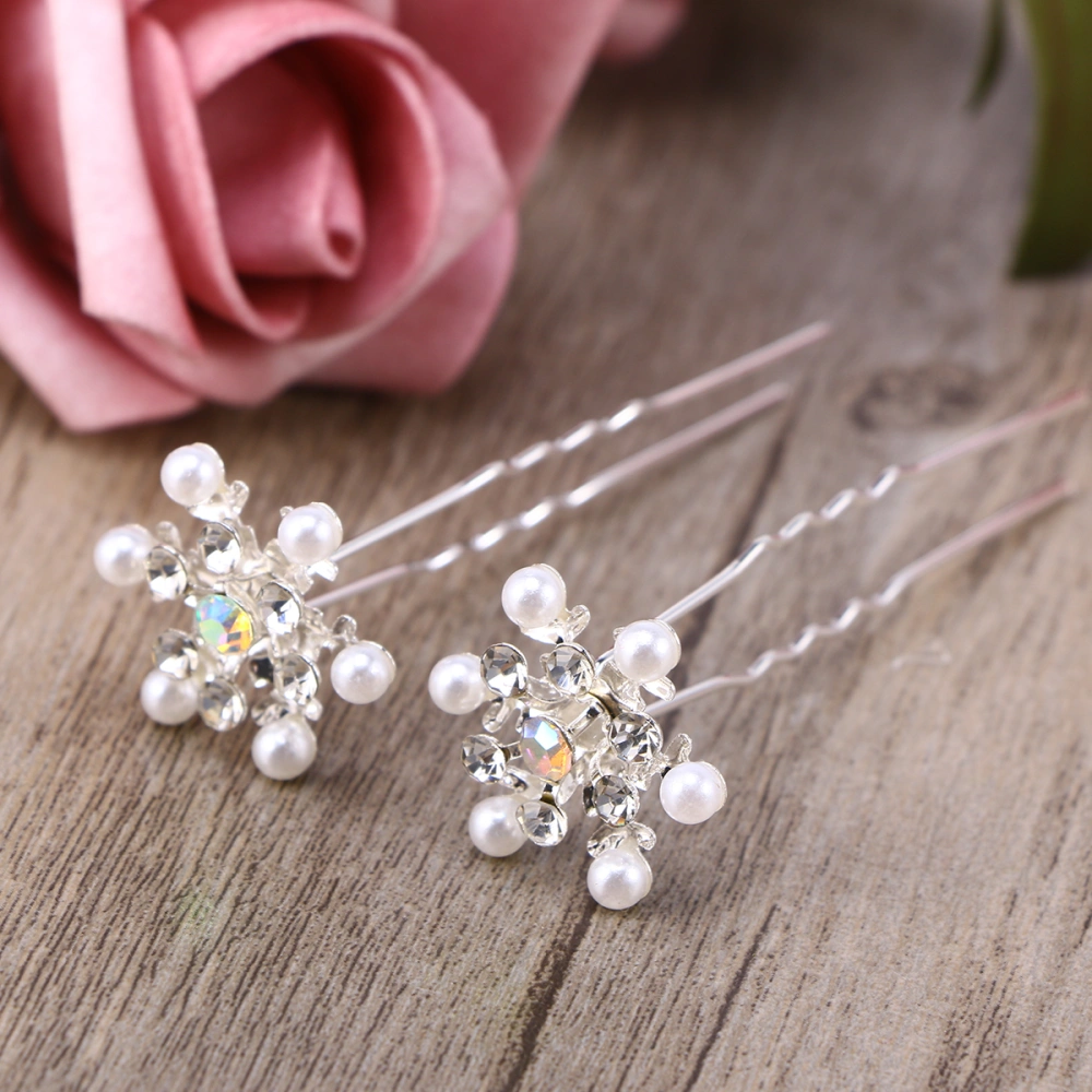 6pcs U Shape Hair Snowflake Crystal Pearl Hair Clips Headdress Hair Accessories for Women Girls