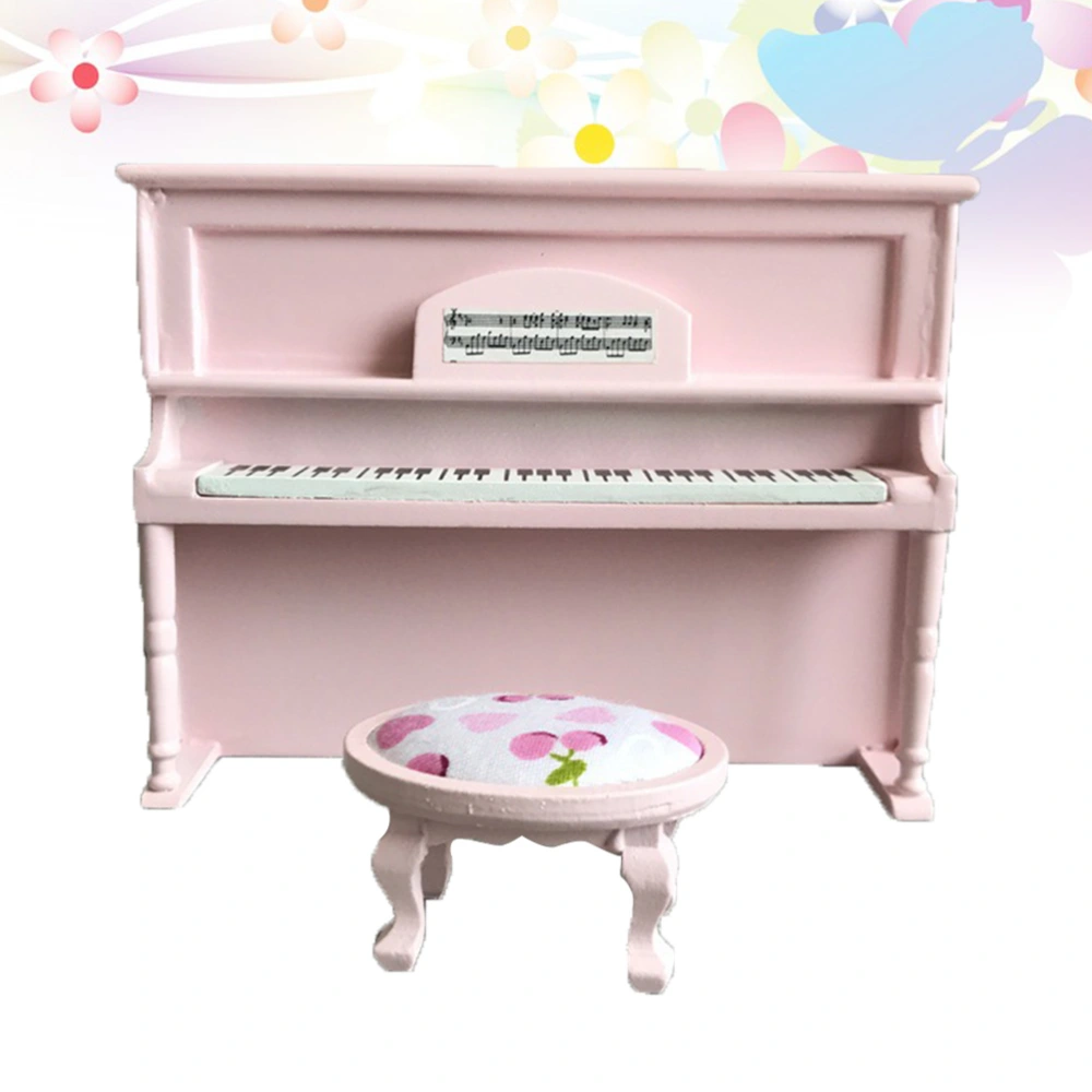 1:12 Scale Wooden Mini Adornment Miniature Doll Piano Miniature Furniture Piano with Chair Children Toy Home Decor (Pink)