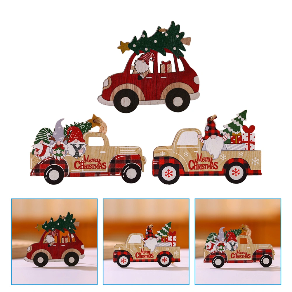 3Pcs Christmas Wood Pendant Christmas Ornaments Lovely Xmas Car Pendant Wooden Car Cutout