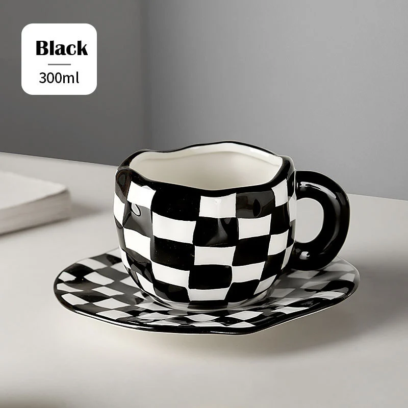 1 Set Checkered Pattern Coffee Cup with Saucer Drink Cup with Suacer for Home