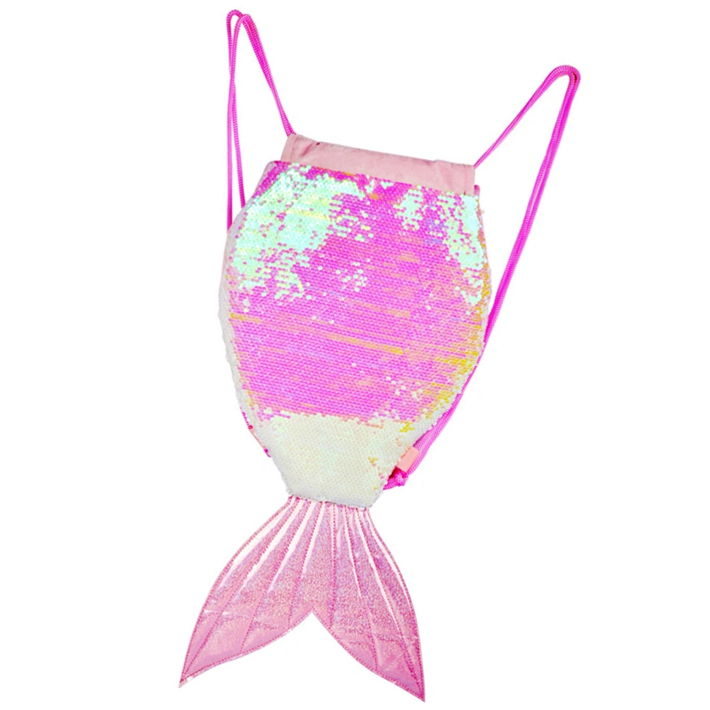 Mermaid Tail Sequin Backpack Drawstring Glitter Bag Storage Shoulder Bag For School Gym Dance (Symphony Pink White, Large Size)