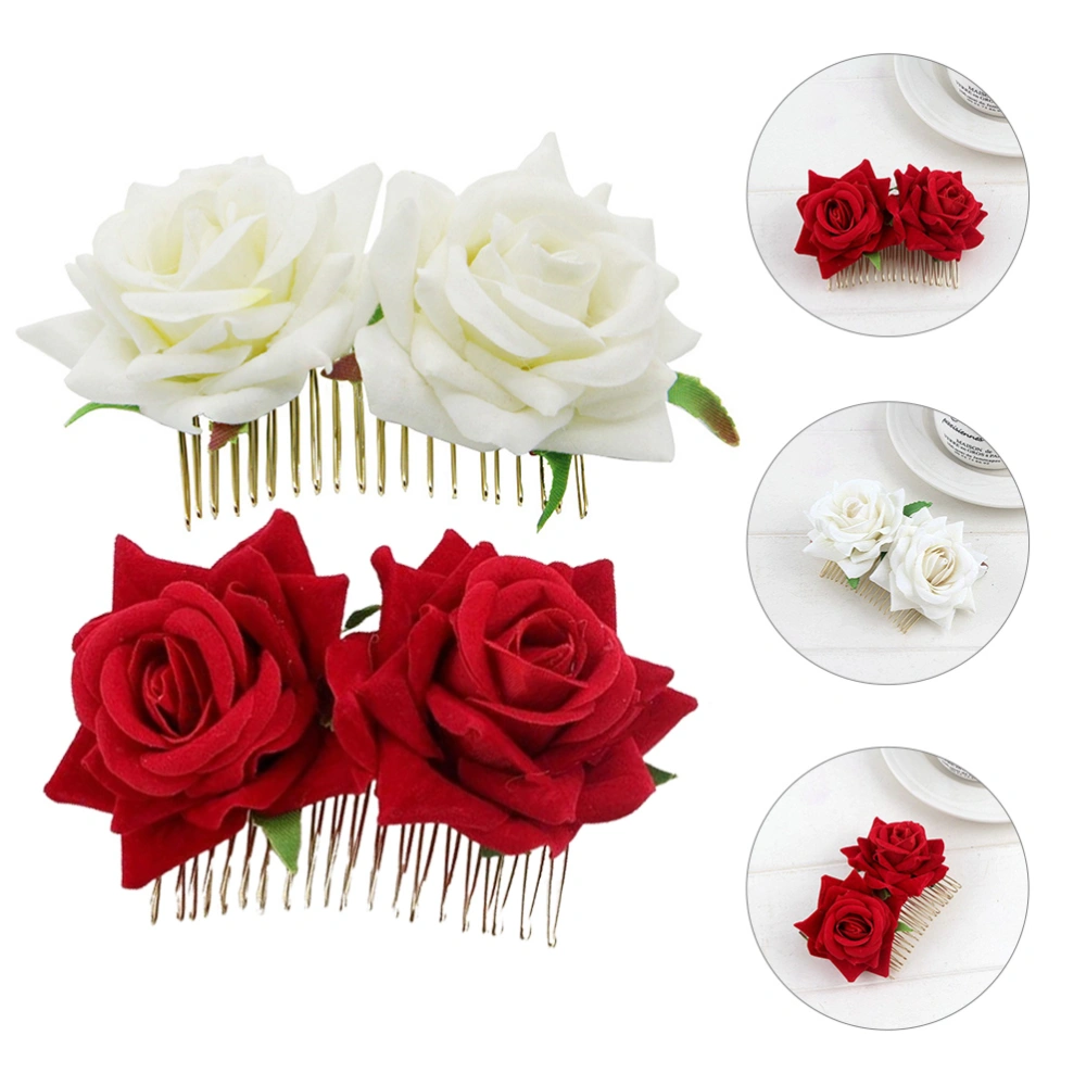 2Pcs Bridal Hair Bun Clips Fabric Rose Flower Hair Combs Wedding Hair Styling Tool