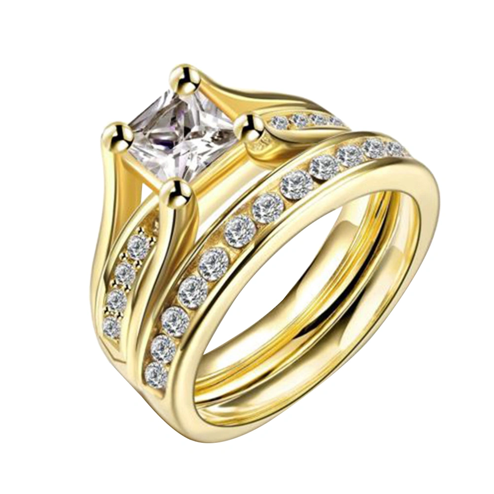 Couple Rings Set Crystal Square Cubic Zircon Engagement Wedding Ring - Size 7 (Gold Color)