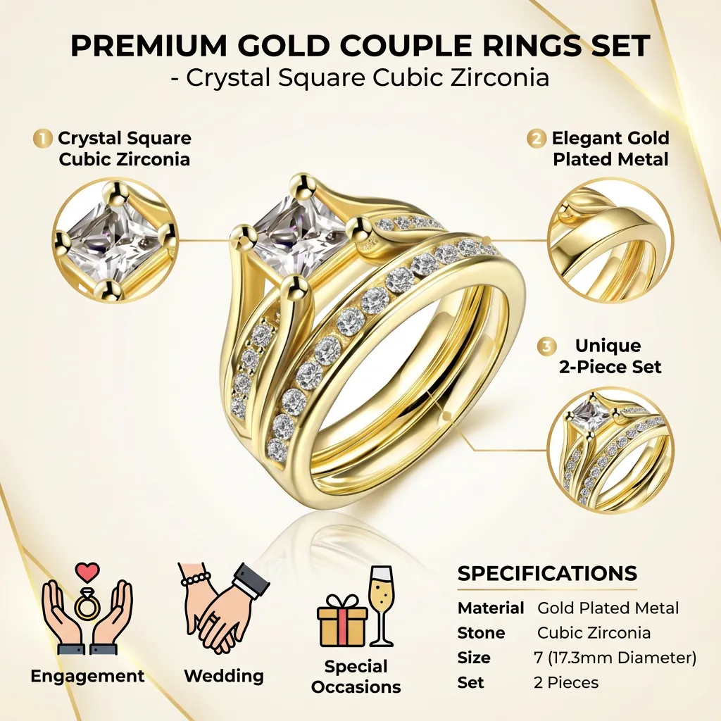 Couple Rings Set Crystal Square Cubic Zircon Engagement Wedding Ring - Size 7 (Gold Color)