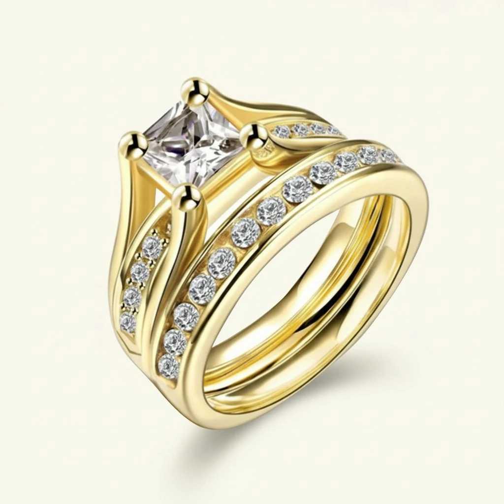 Couple Rings Set Crystal Square Cubic Zircon Engagement Wedding Ring - Size 7 (Gold Color)