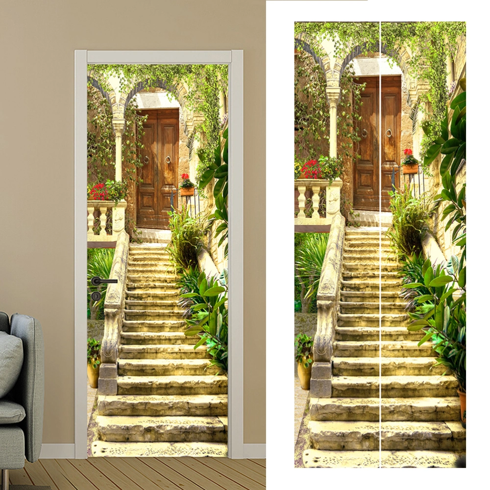 2pcs in 1 Set 38.5cm Vintage Stairs 3D Sticker Simulate Door Self Adhesive Wallpaper Removable Layout Accessories Waterproof PVC Decal for Home Mural Decor