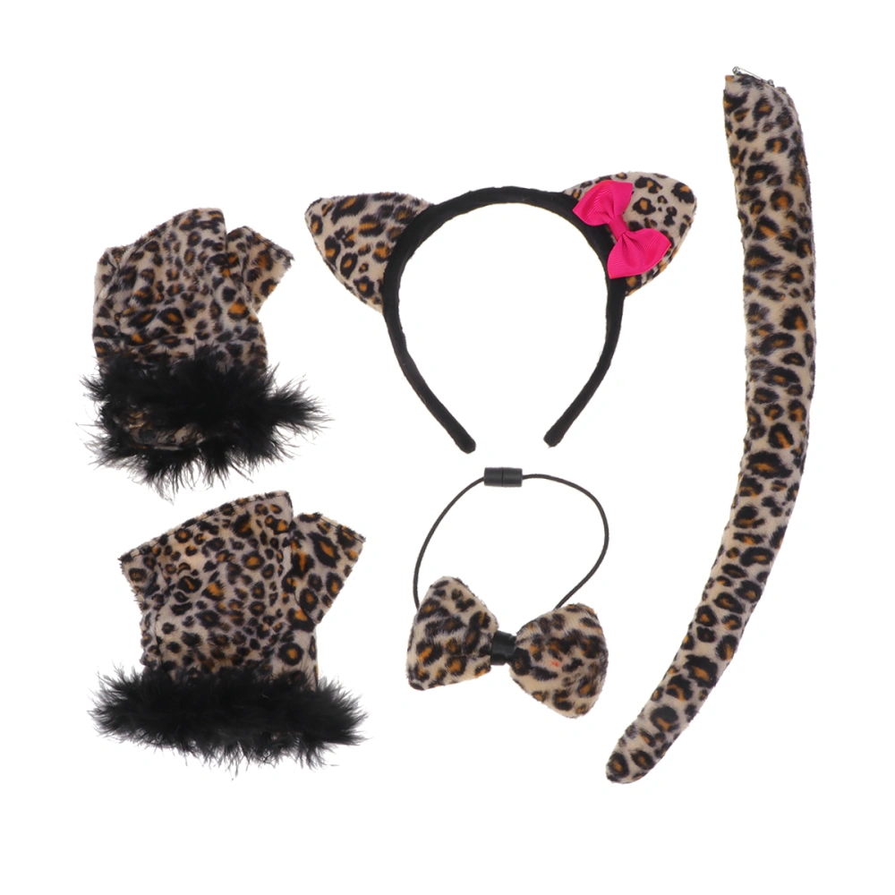 4pcs in 1 Set Funny Halloween Party Leopard Costume Props Headband Gloves Accessory Festival Hairwear Tail Tie Performance Masquerade Party Supplies