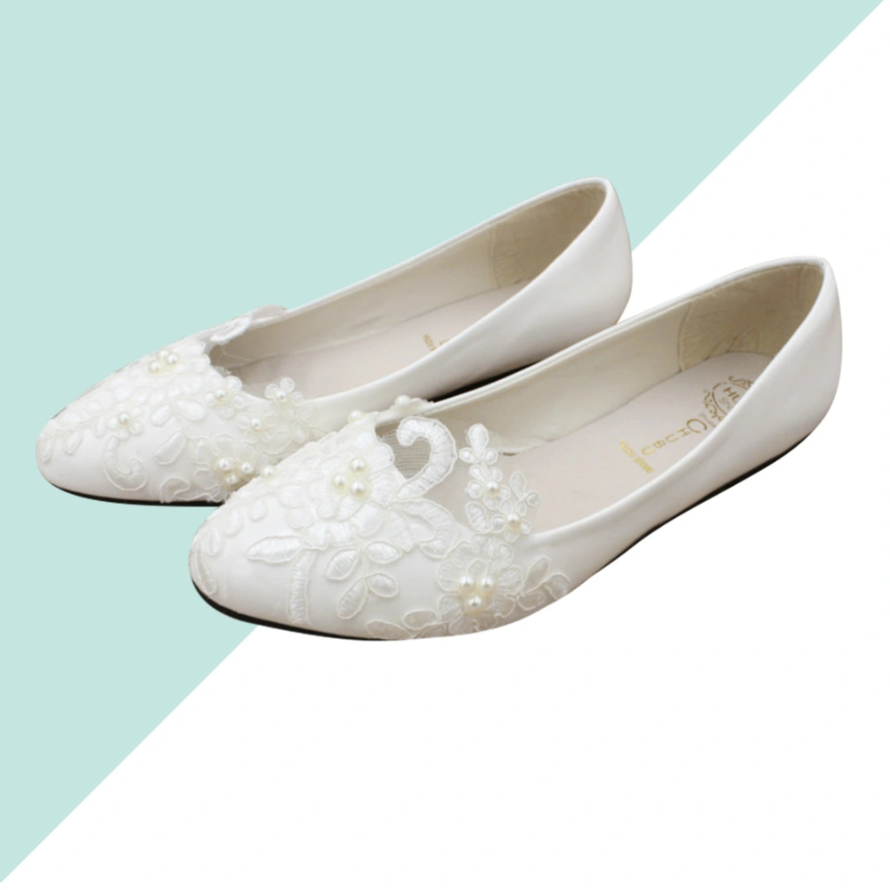 1 Pair Handwork Wedding Shoes Stylish Lace Pearl Flower Wedding Shoes White Wedding Dress Supplies Bridal Flat Shoes Leisure Women Shoes Size 38 White