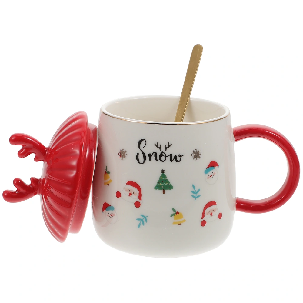 1 Set of Xmas Theme Water Mug Cartoon Ceramic Milk Cup with Lid and Spoon (Red)