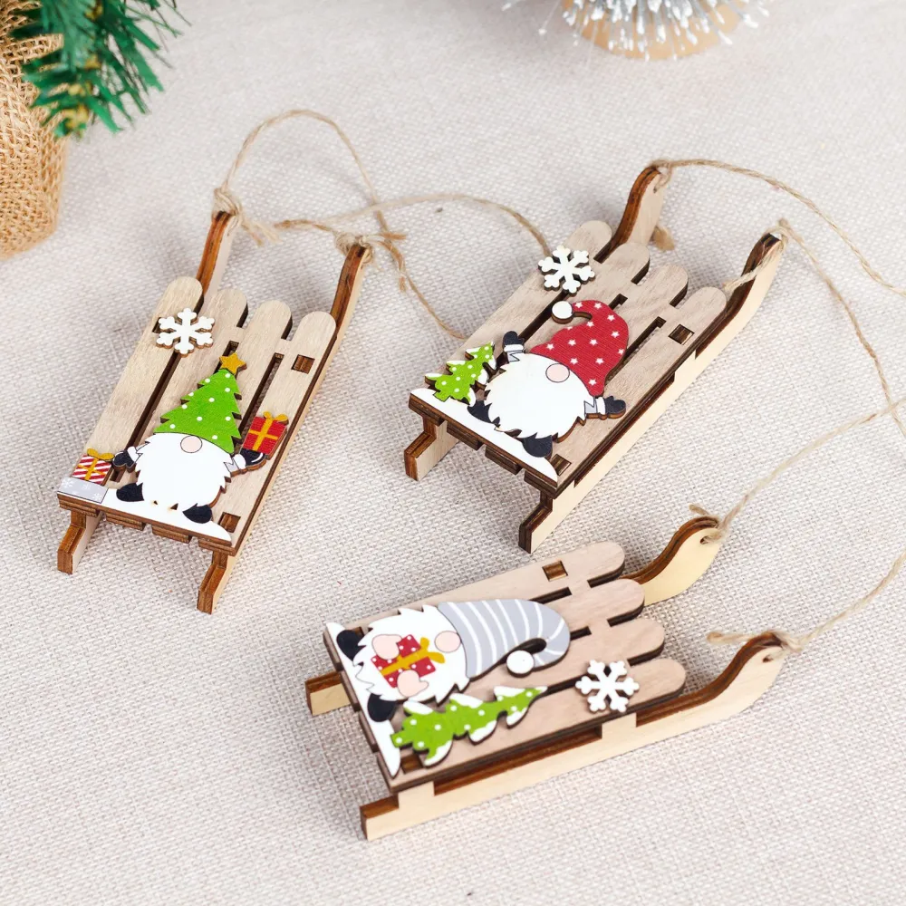 3pcs Small Wooden Sleigh with Gnome Decoration Xmas Tree Hanging Sleigh Ornament Desktop Sled Decoration