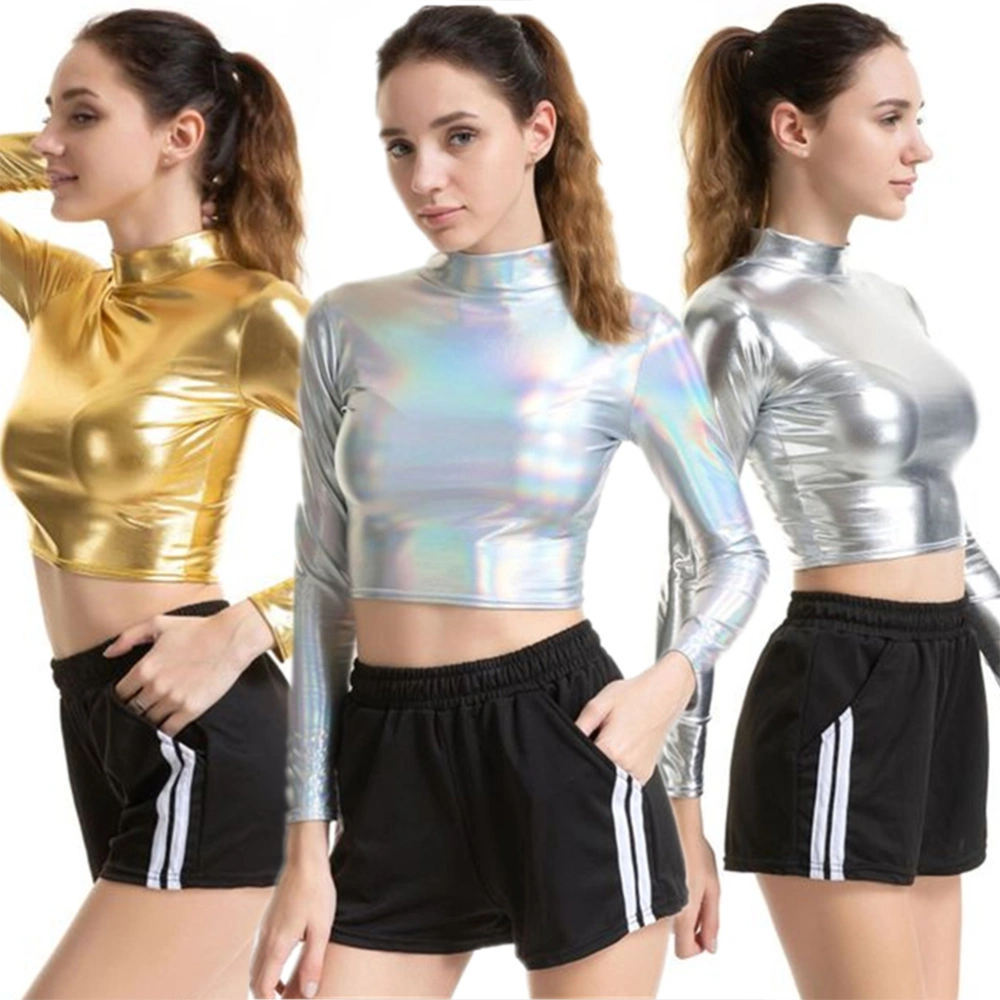 Golden Sexy Solid Color Bustier Patent Leather Performance Costume Long Sleeve Clothes for Cosplay Nightclub Stage Women - Size L