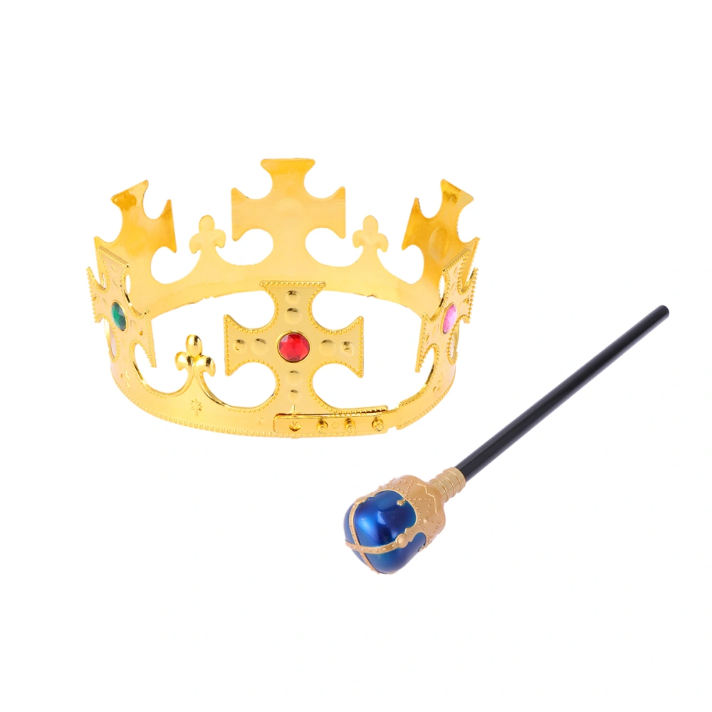 2 Pcs Halloween Party Crown Scepter Kit Exquisite King Crown Antique Royal King Crown and Hand Stick Kit Medieval Masquerade Cosplay Ball Performance Props